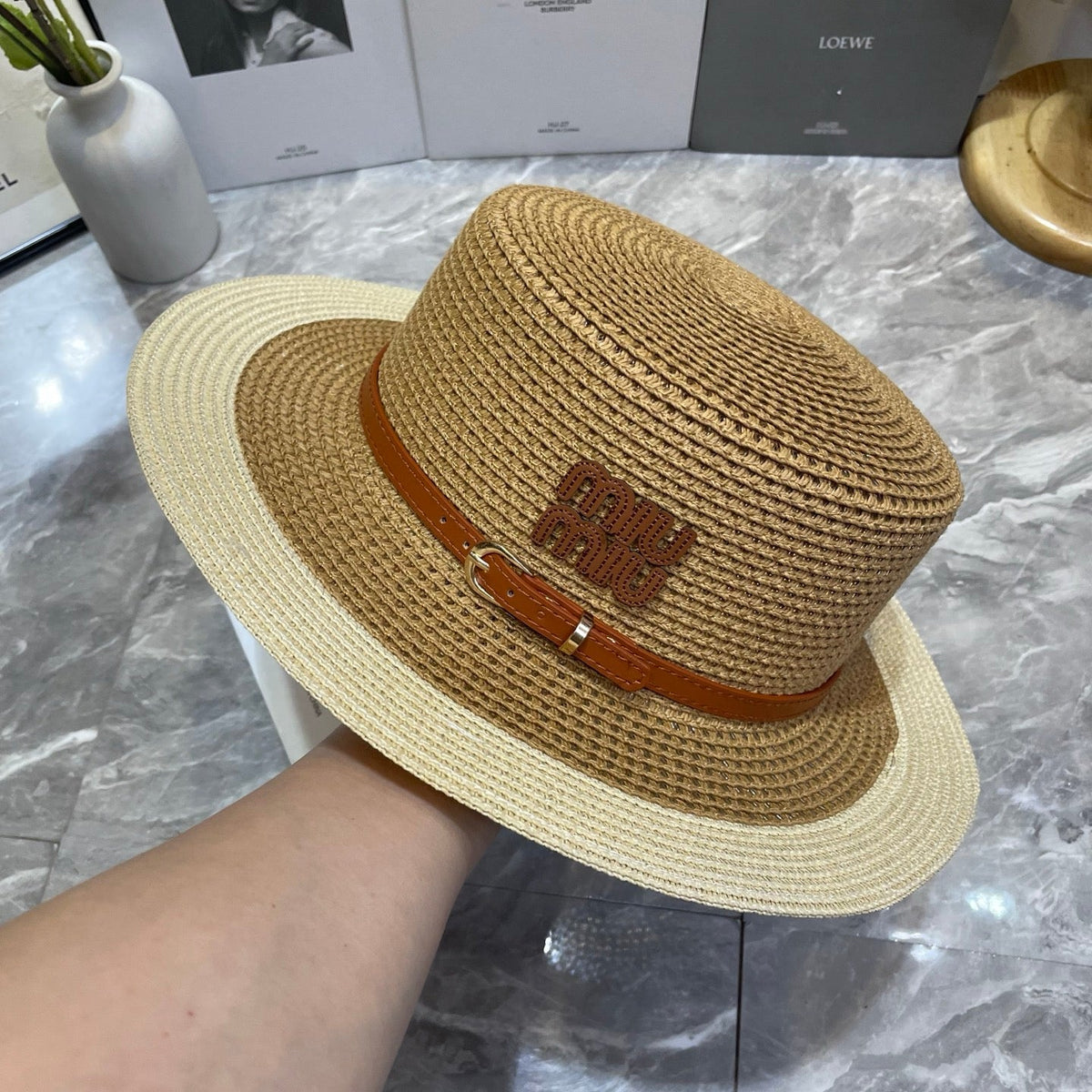 MIU MIU Raffia Straw Boater Hat